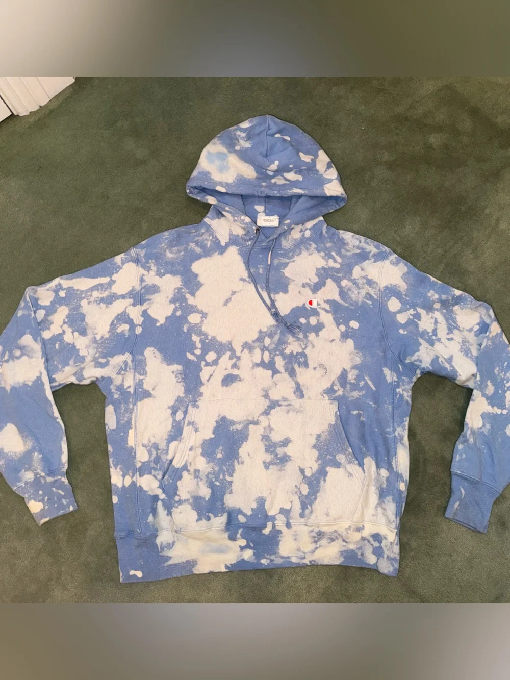 Champion Blue and White Tie-Dye Hoodie with Small Embroidered C Logo